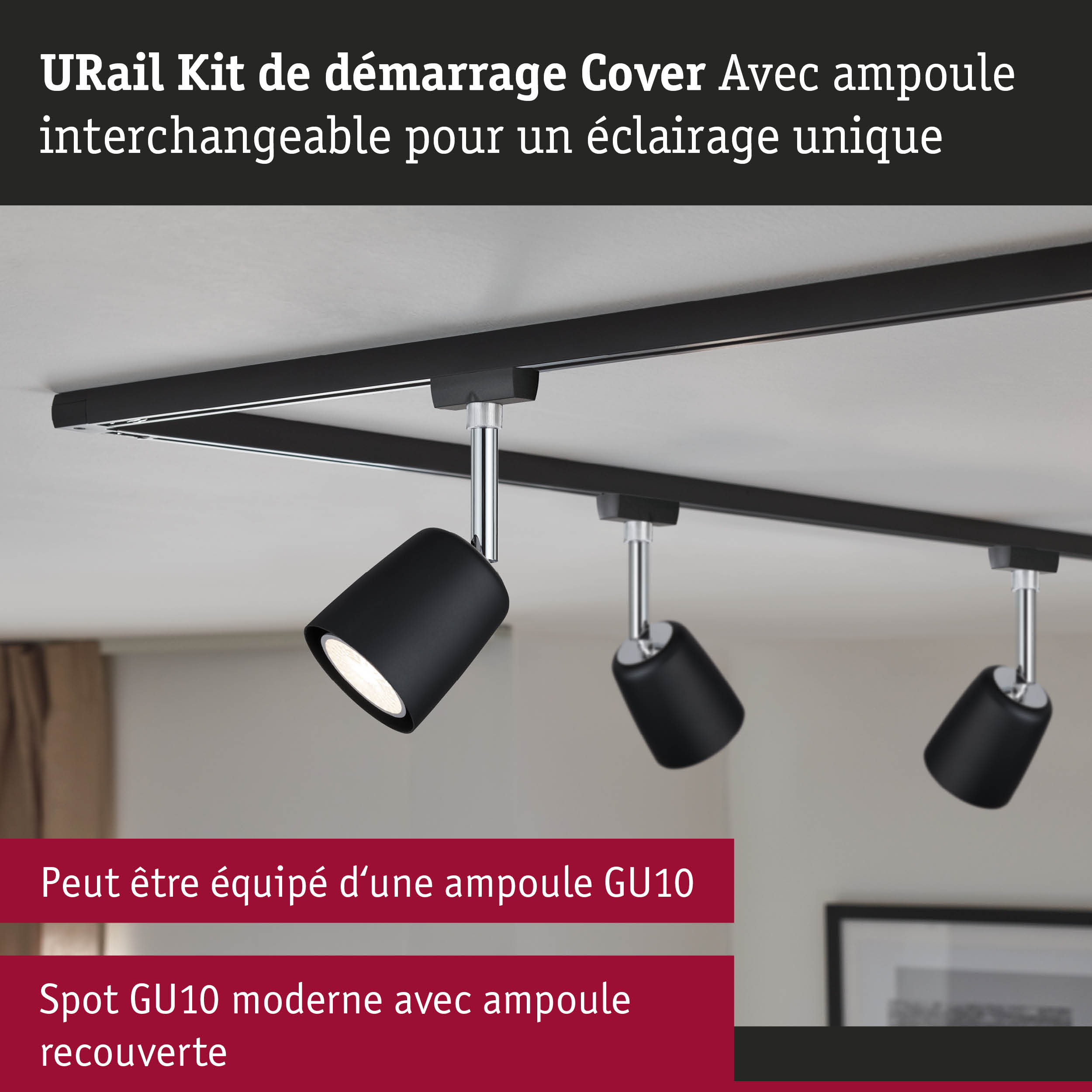 Kit de démarrage URail noir avec ampoules LED GU10 interchangeables pour un éclairage unique