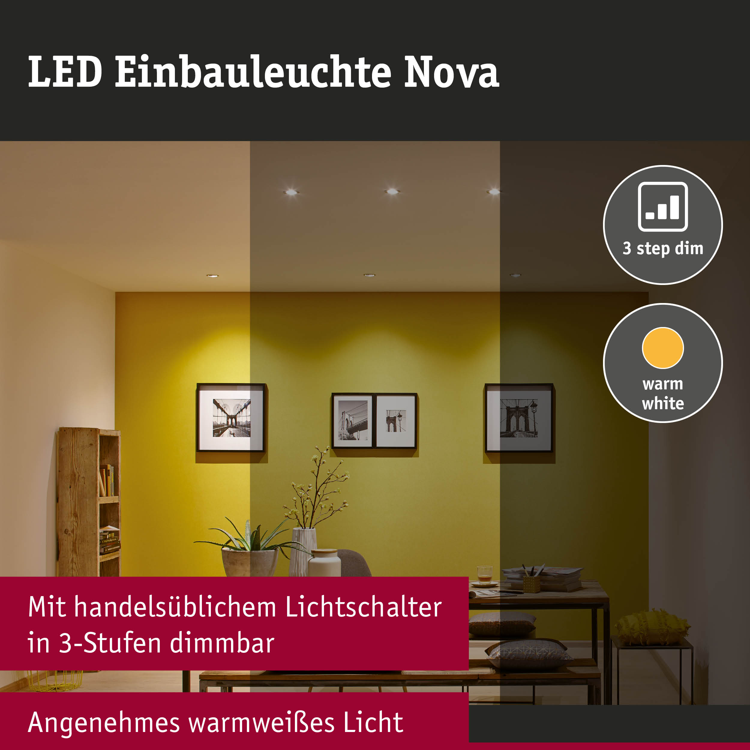 LED Einbauleuchte 3-Step-Dim Nova Basisset starr IP44 rund 78mm GU10 3x6,5W 3x460lm 230V dimmbar 2700K Weiß matt