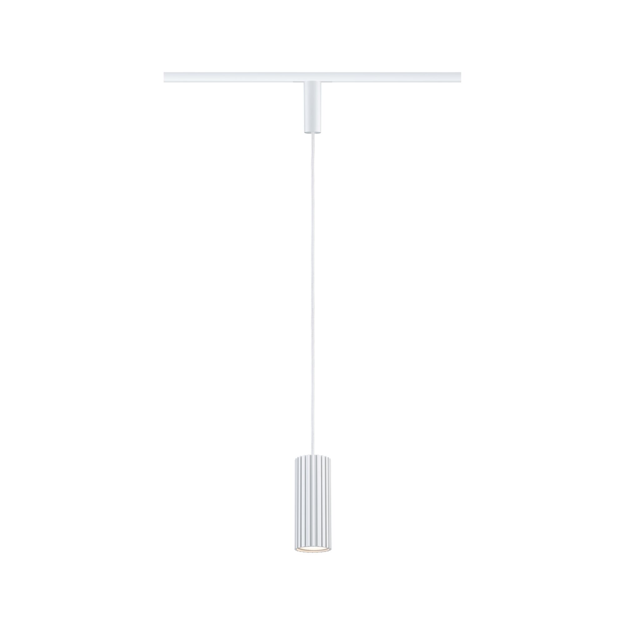 Modern white pendant light with cylindrical aluminium shade and LED lighting for living spaces