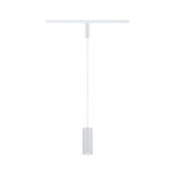 Modern white pendant light with cylindrical aluminium shade and LED lighting for living spaces