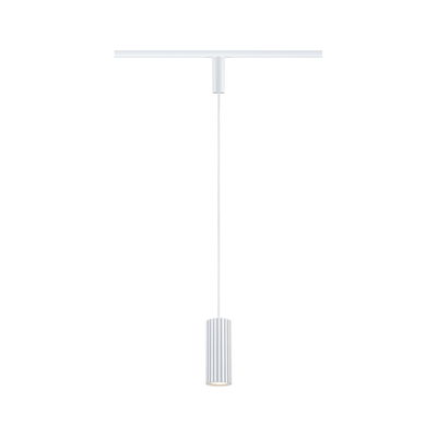 Modern white pendant light with cylindrical aluminium shade and LED lighting for living spaces