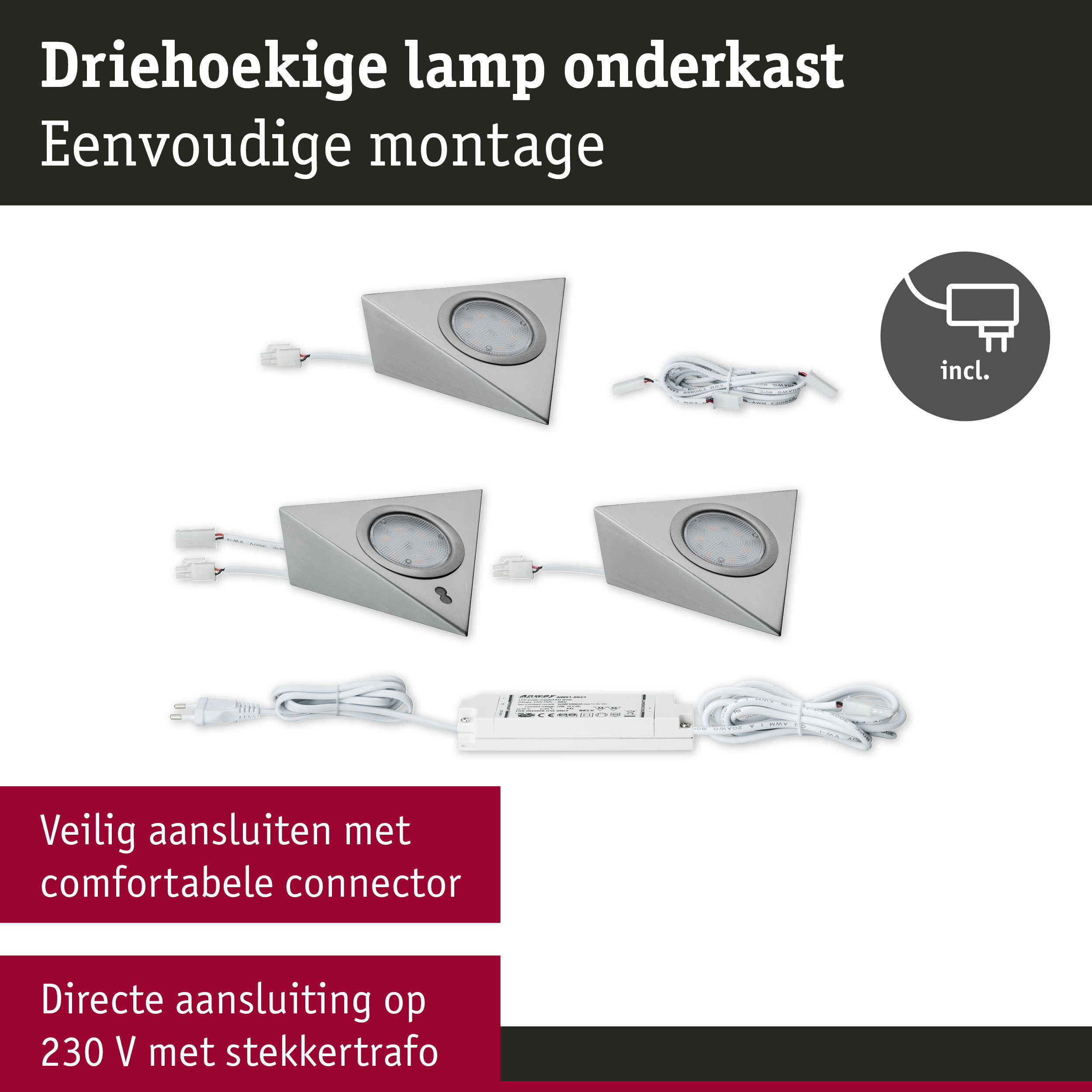 Driehoekige LED-onderkastlampen van geborsteld aluminium in zilver met eenvoudige montage