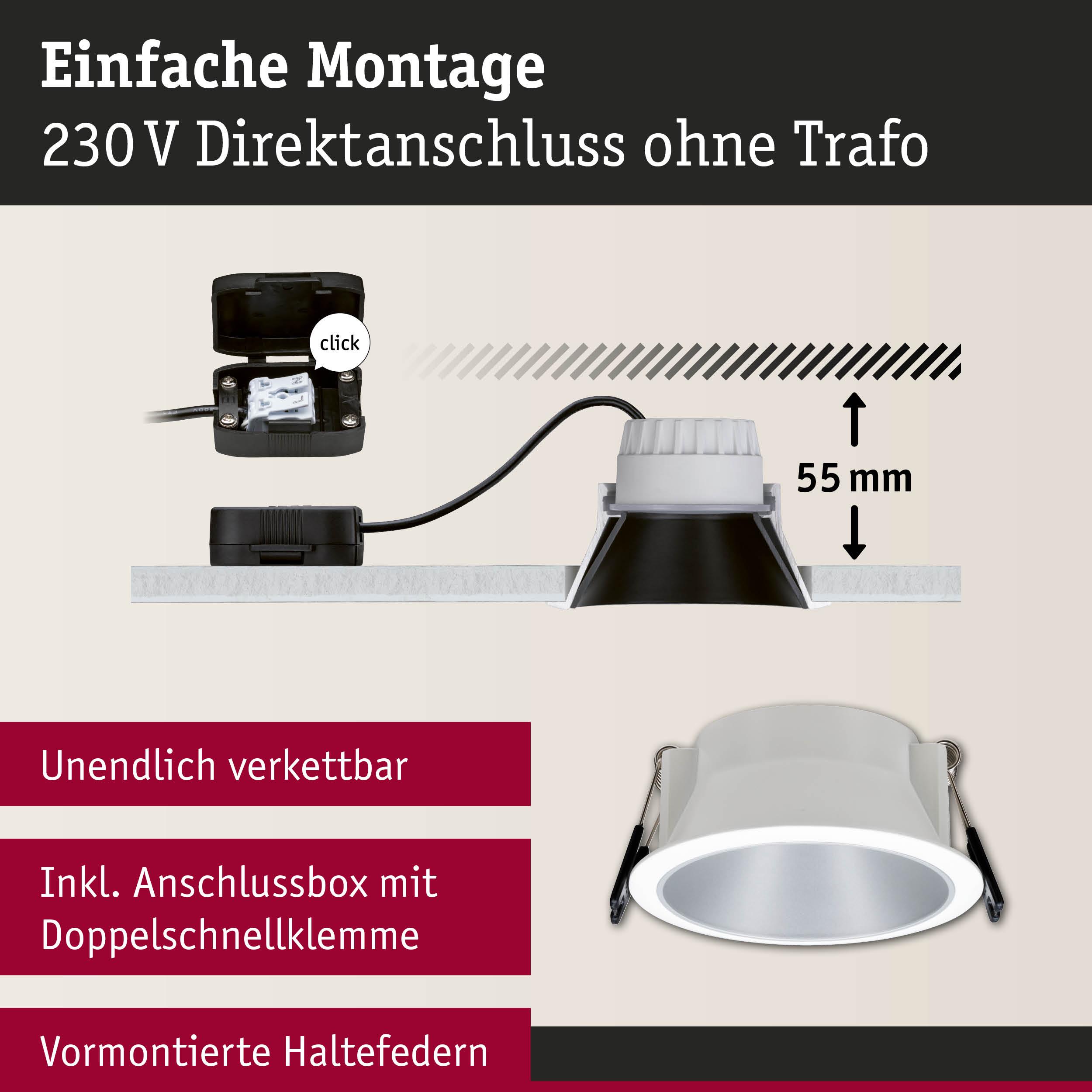 Einbau-LED-Spot in Weiß mit Anschlussbox und Doppelschnellklemme für 230V Direktanschluss ohne Trafo