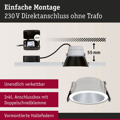 Einbau-LED-Spot in Weiß mit Anschlussbox und Doppelschnellklemme für 230V Direktanschluss ohne Trafo