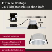 Weißer Einbaustrahler mit Anschlussbox und Doppelschnellklemme für 230 V Direktanschluss ohne Trafo