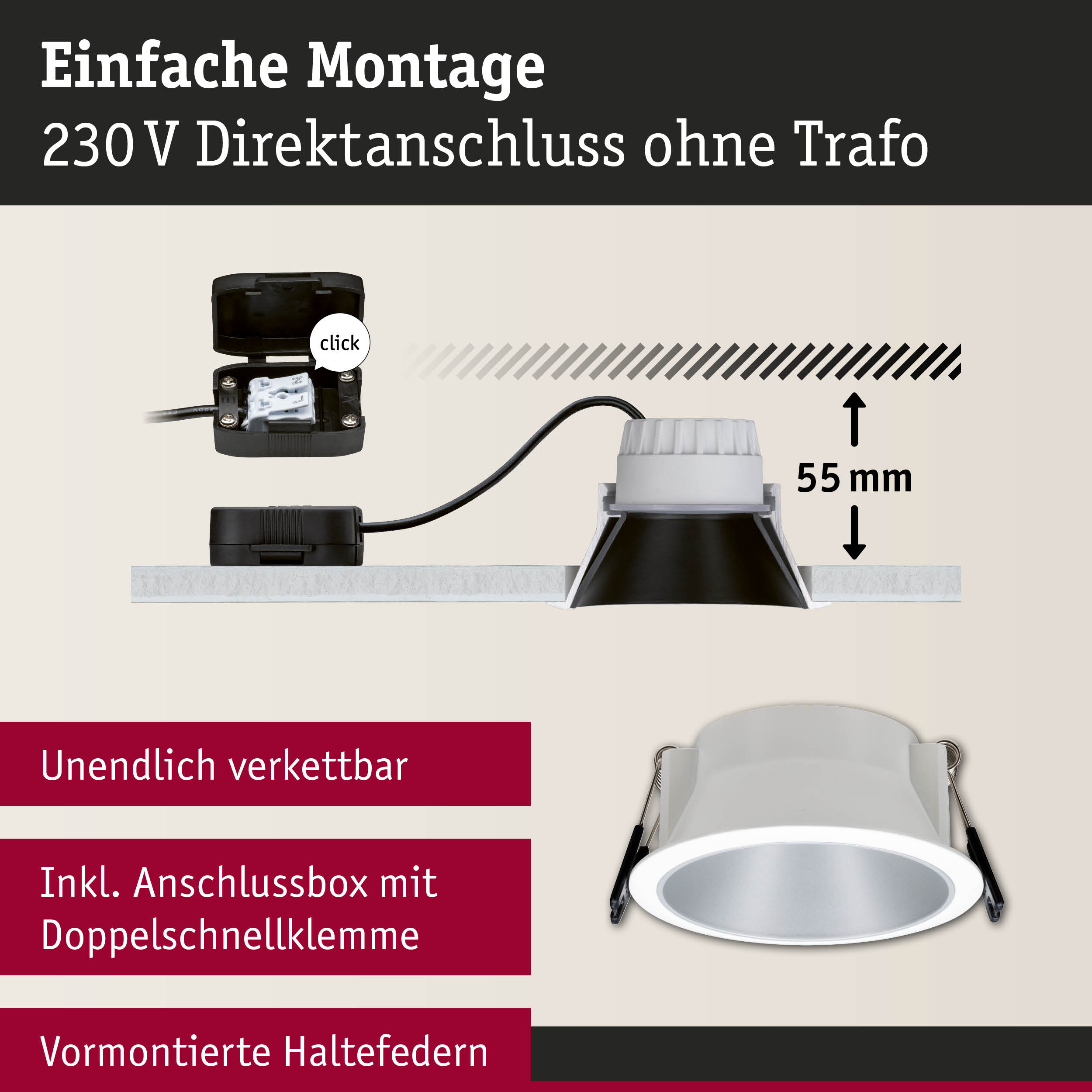 Weißer Einbaustrahler mit Anschlussbox und Doppelschnellklemme für 230 V Direktanschluss ohne Trafo