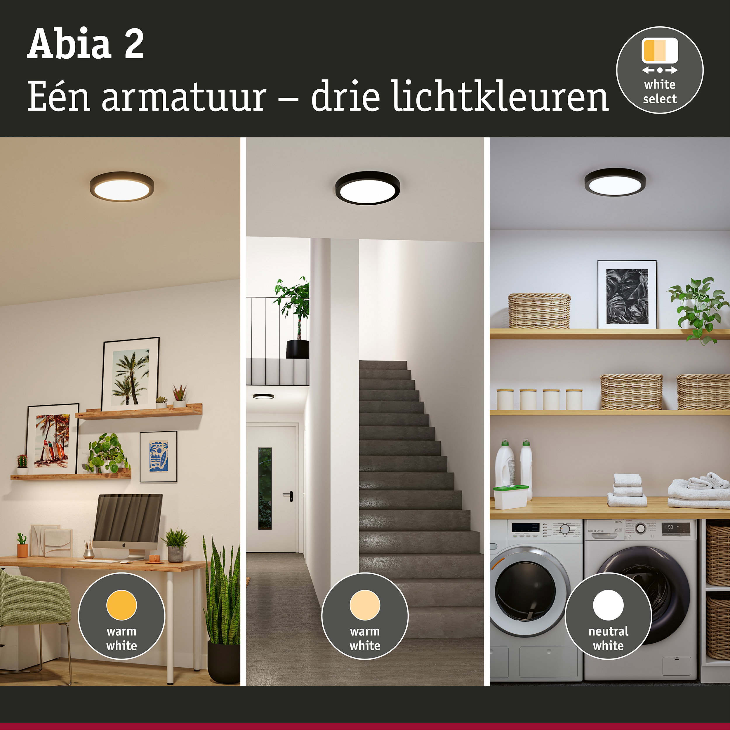 Abia 2 plafondlamp met drie lichtkleuren warm wit, neutraal wit en daglicht voor woonruimtes
