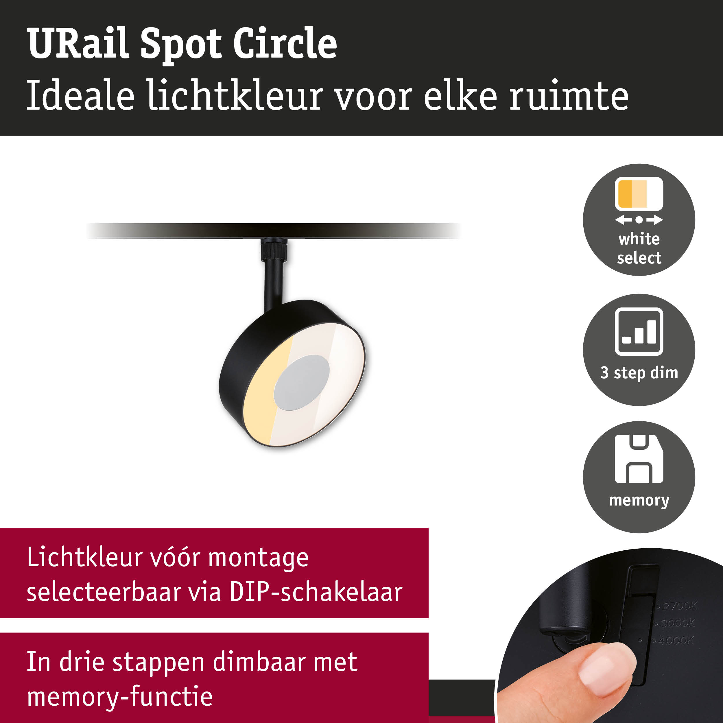 Zwarte URail Spot Circle met instelbare lichtkleur en 3-staps dimfunctie met geheugenfunctie