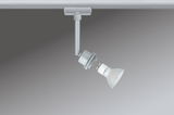 Zilveren metalen railspot met afneembare witte GU10 LED-lamp voor verstelbare verlichting