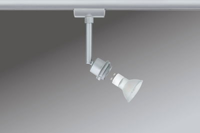Silver metal track spotlight with detachable white GU10 LED bulb for adjustable lighting solutions