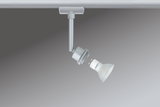 Zilveren metalen railspot met afneembare witte GU10 LED-lamp voor verstelbare verlichting