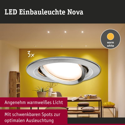 LED Einbauleuchte Nova aus Metall in Silber mit warmweißem Licht und schwenkbaren Spots