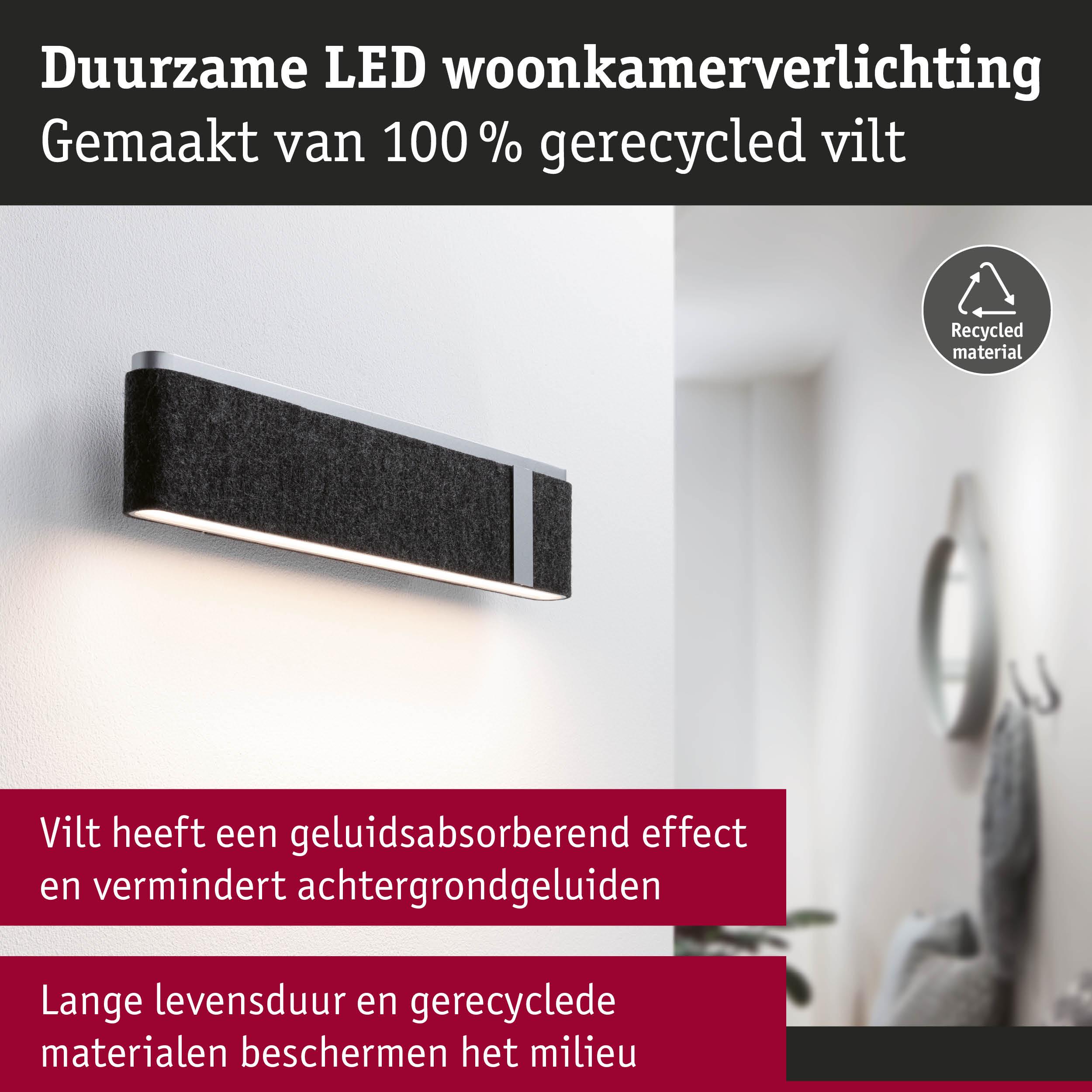 Duurzame LED-wandlamp van 100% gerecycled donkergrijs vilt met geluidsabsorberend effect