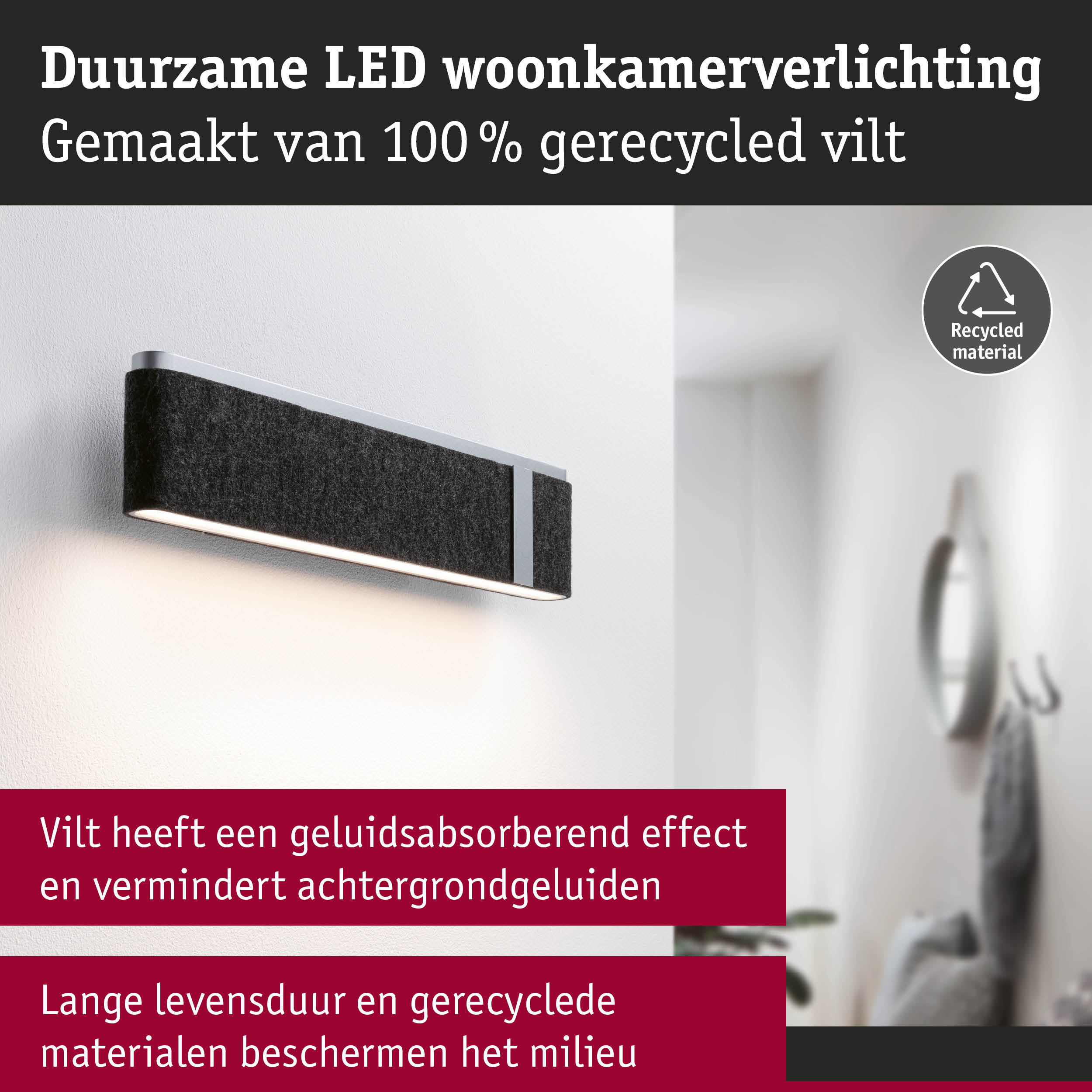 Duurzame zwarte LED-woonkamerverlichting van 100% gerecycled vilt met geluiddempende en milieuvriendelijke eigenschappen