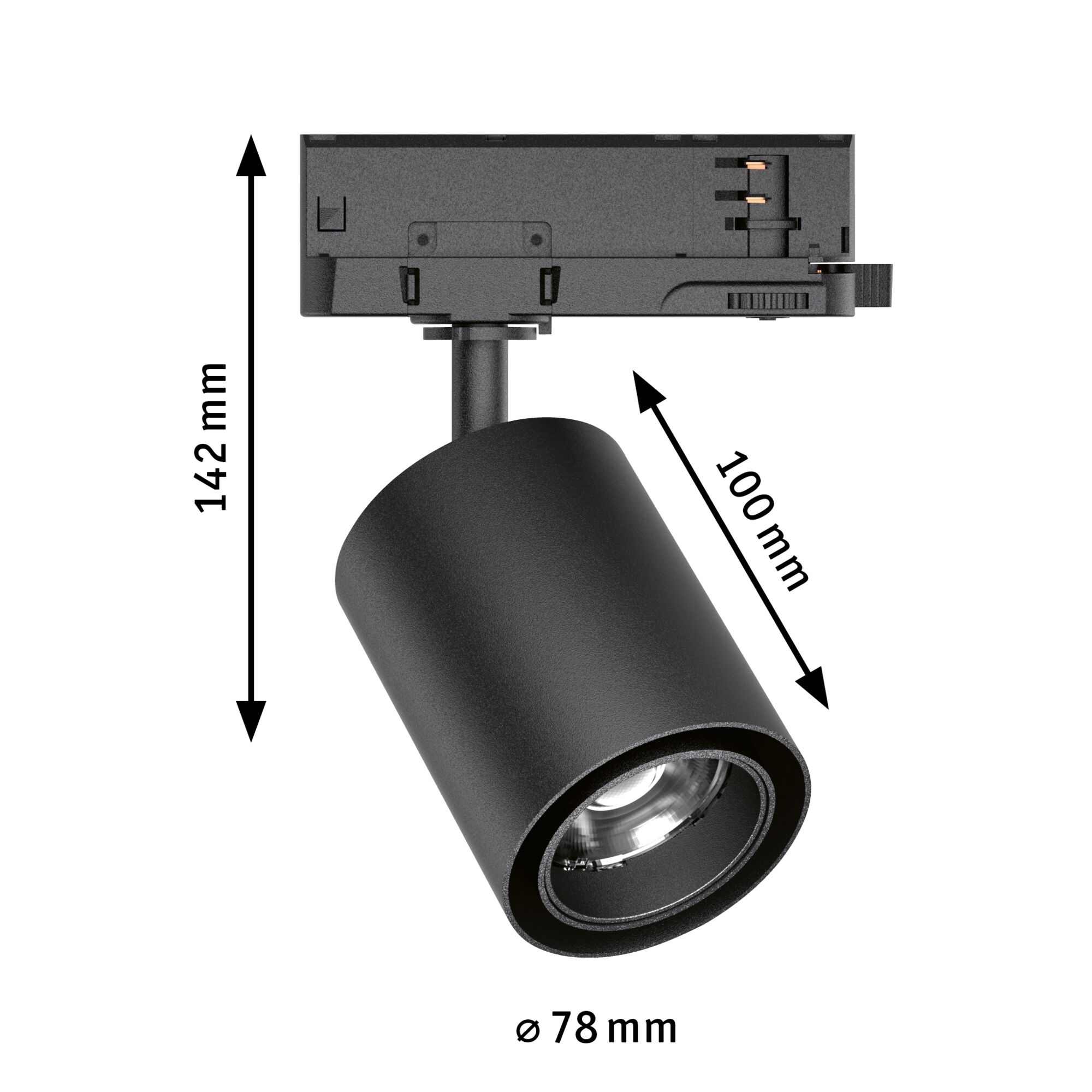 Schwarzer LED-Spot aus Metall mit 142 mm Höhe und 78 mm Durchmesser für moderne Innenbeleuchtung