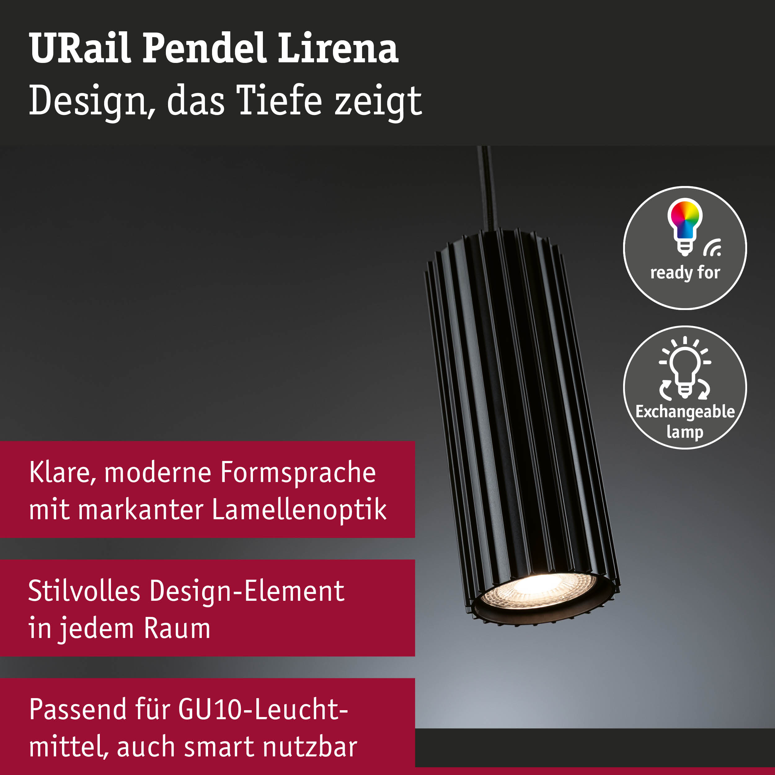 Schwarze URail Pendel Lirena Lampe mit markanter Lamellenoptik und austauschbarer GU10 Leuchtmittelfassung