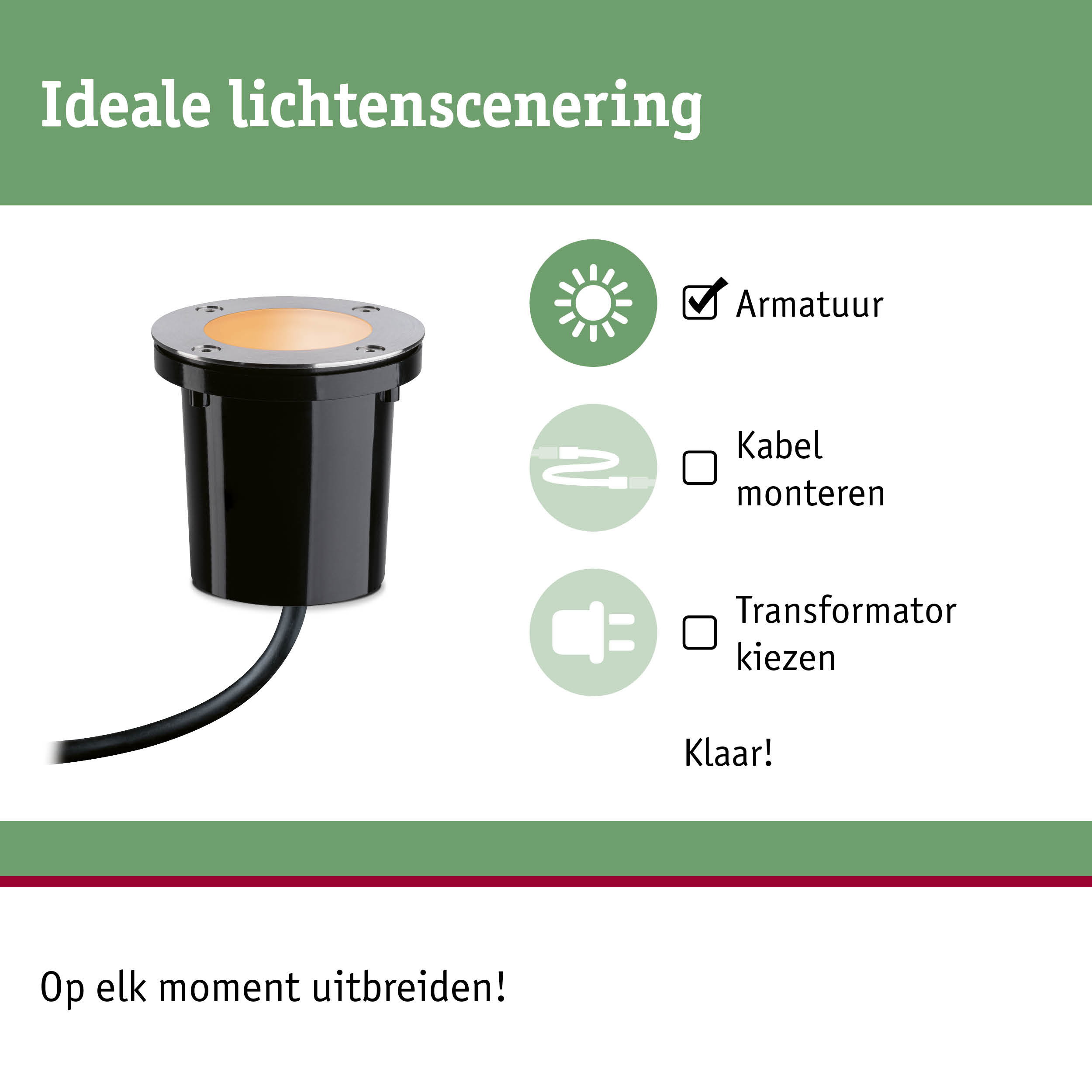 Zwarte inbouwgrondspot met roestvrijstalen ring en warm wit LED-licht voor buitenverlichting