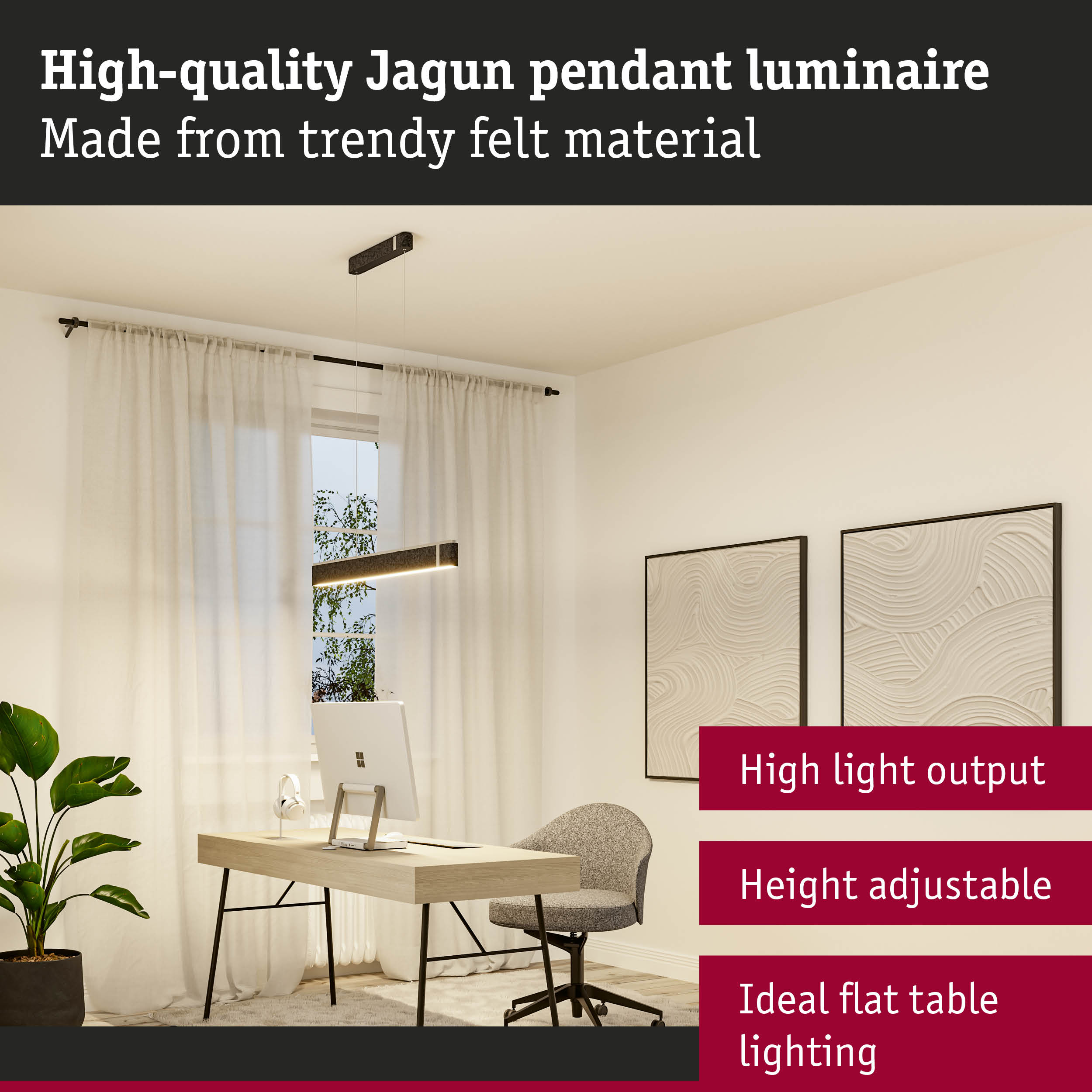 Modern black Jagun felt pendant luminaire for office with height-adjustable LED lighting