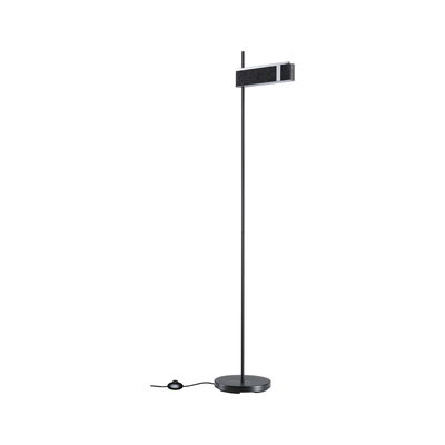Black floor lamp with round base and rectangular fabric shade for modern living room lighting