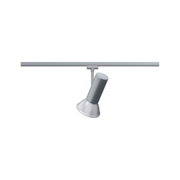 Grauer LED-Strahler aus Metall an Schienensystem für flexible Beleuchtung im Innenraum
