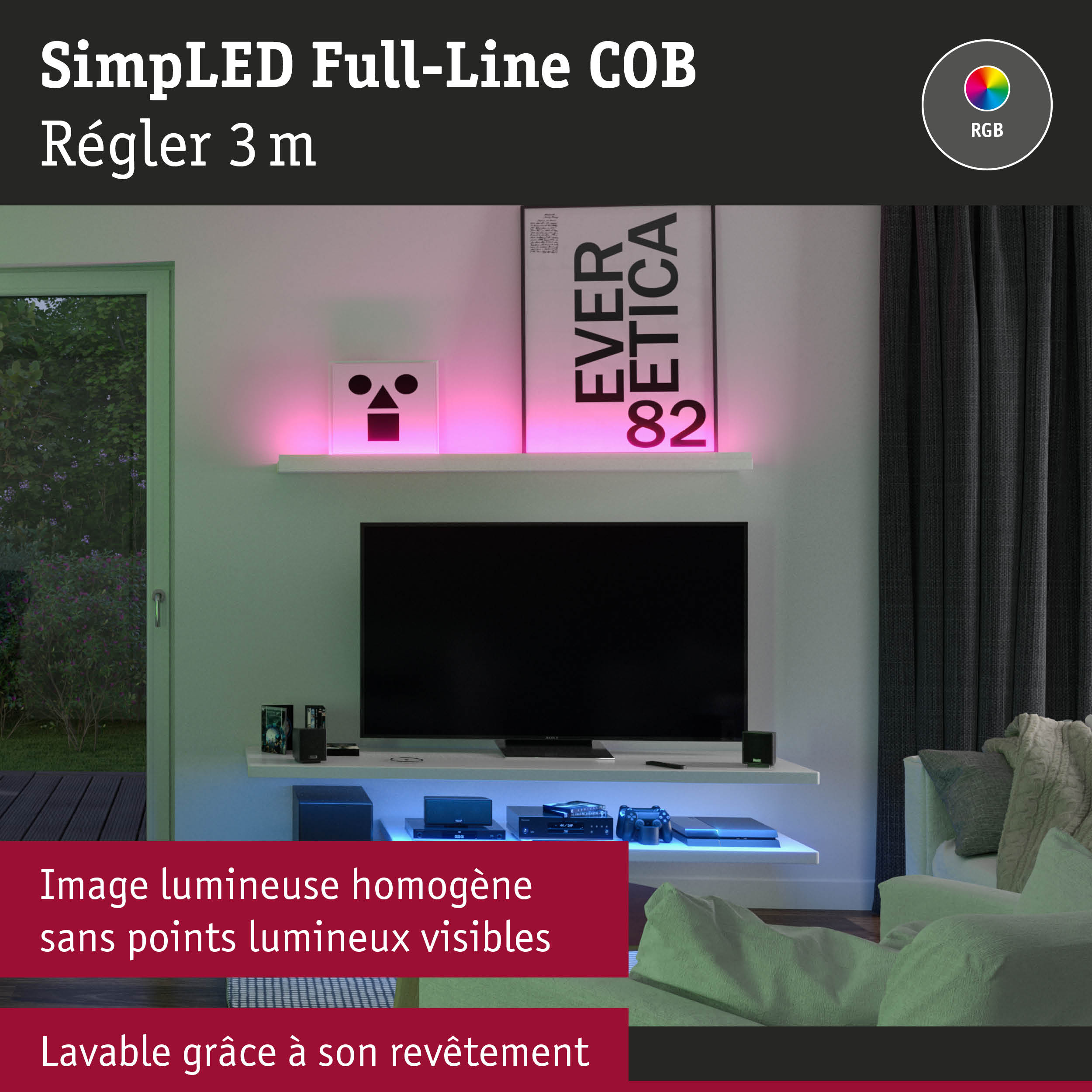 Bande LED RGB 3 m avec lumière homogène et revêtement lavable pour éclairage salon.