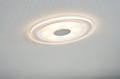 Round white LED ceiling light with warm white glow and modern design for living spaces.