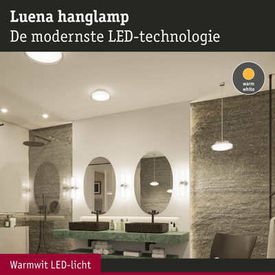 Moderne badkamer met Luena LED-hanglamp in warm wit licht en groene marmeren wastafel