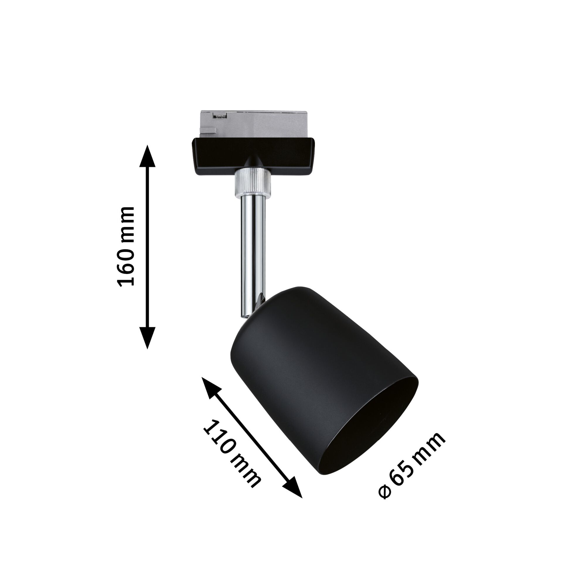 Zwarte metalen LED-spot van 160 mm hoog en 65 mm diameter voor moderne binnenverlichting