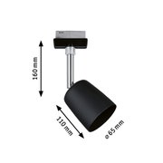 Black metal spotlight with adjustable head, measuring 160 mm height, 110 mm length, 65 mm diameter
