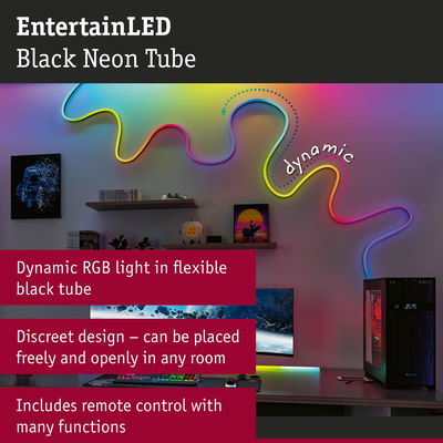 Flexible black neon LED tube with dynamic RGB light and remote control for versatile room lighting