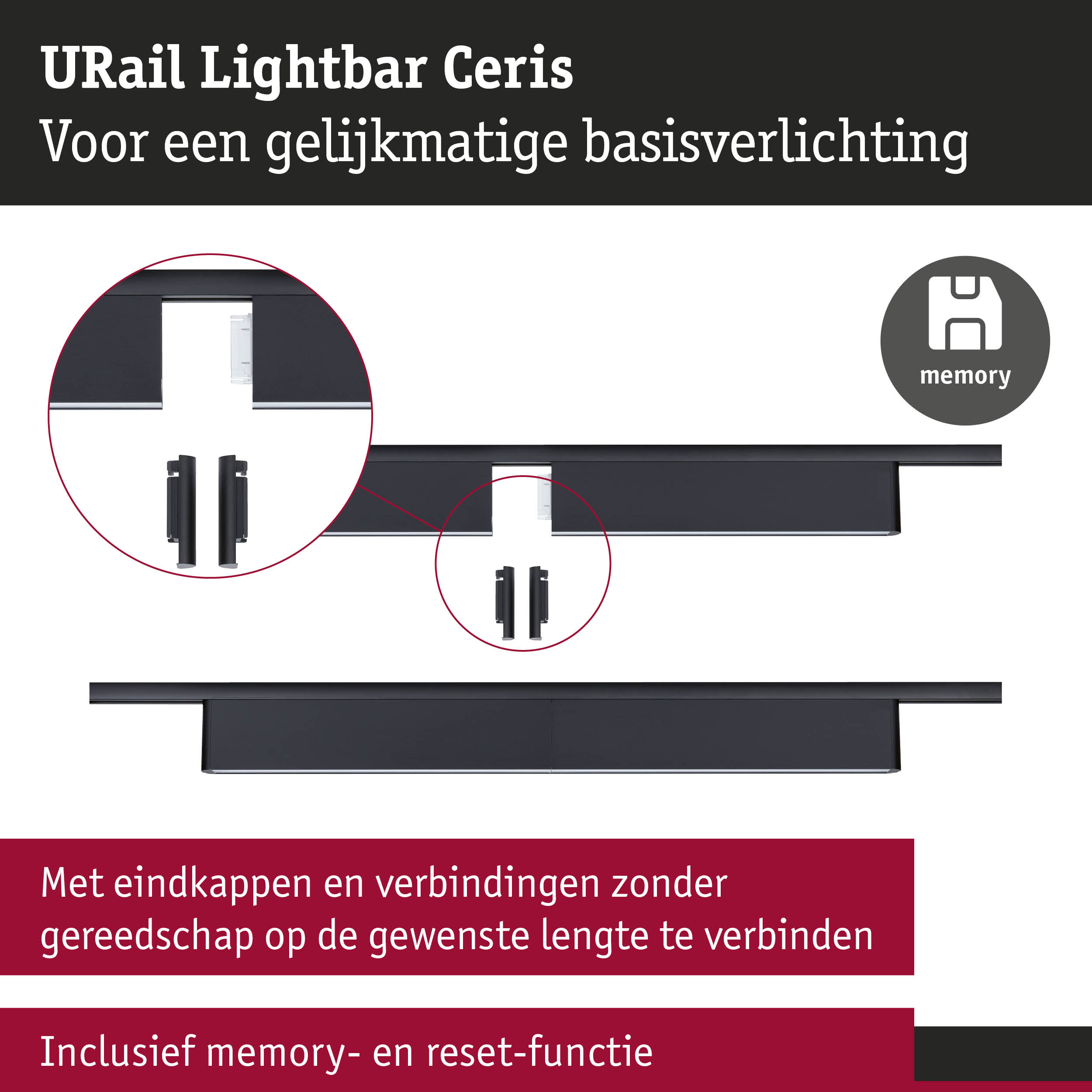 Zwarte URail Lightbar Ceris voor gelijkmatige basisverlichting met geheugenfunctie