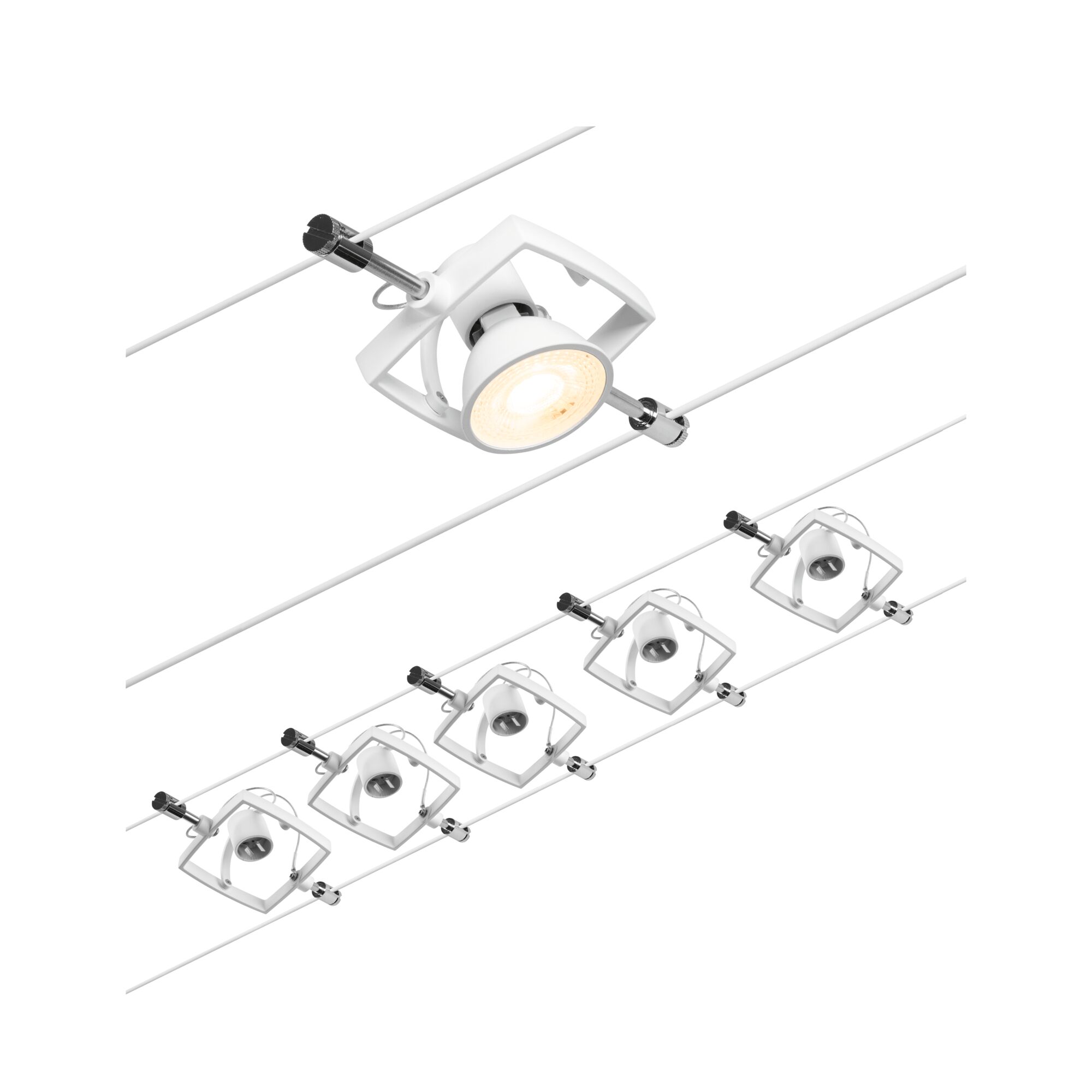 CorDuo Kabelsysteem Mac II Basisset GU5,3 max. 5x10W 230/12V Wit mat/Chroom Witte metalen LED-kabelspot met verstelbare lampkop voor moderne verlichting