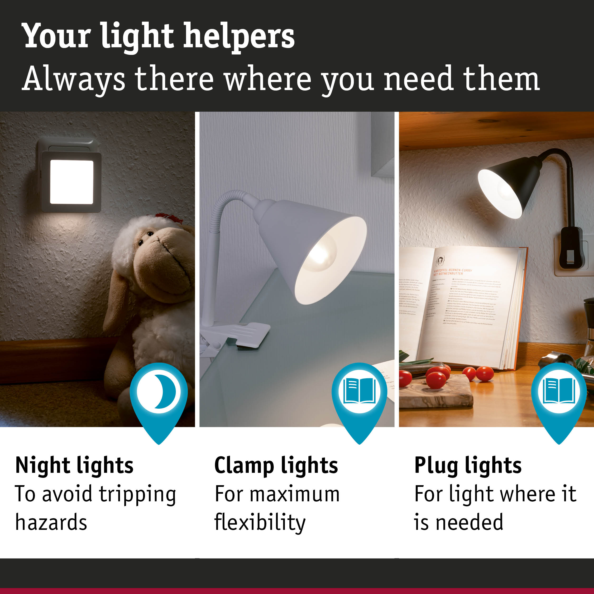 Three light types: night light, white clamp lamp, and black plug light for flexible home lighting