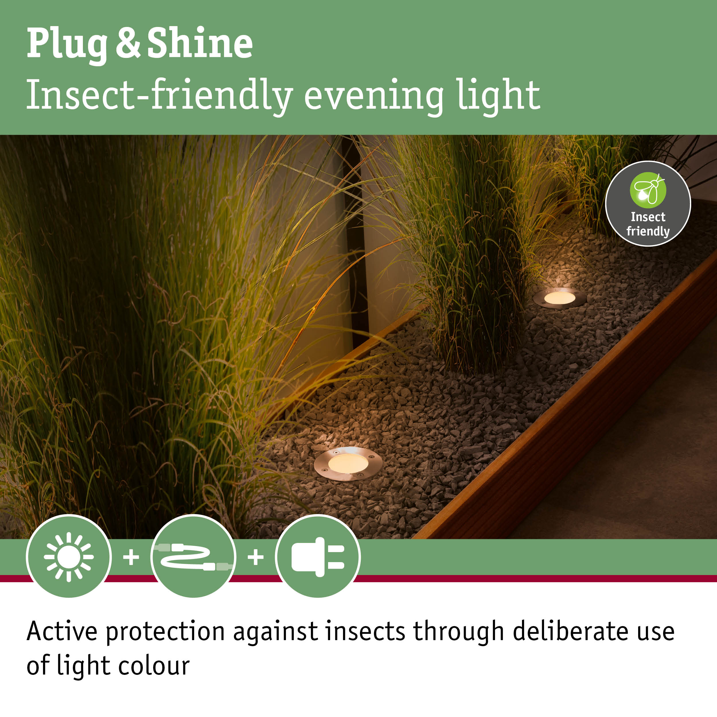 Warm white Plug & Shine recessed garden light with insect-friendly evening illumination