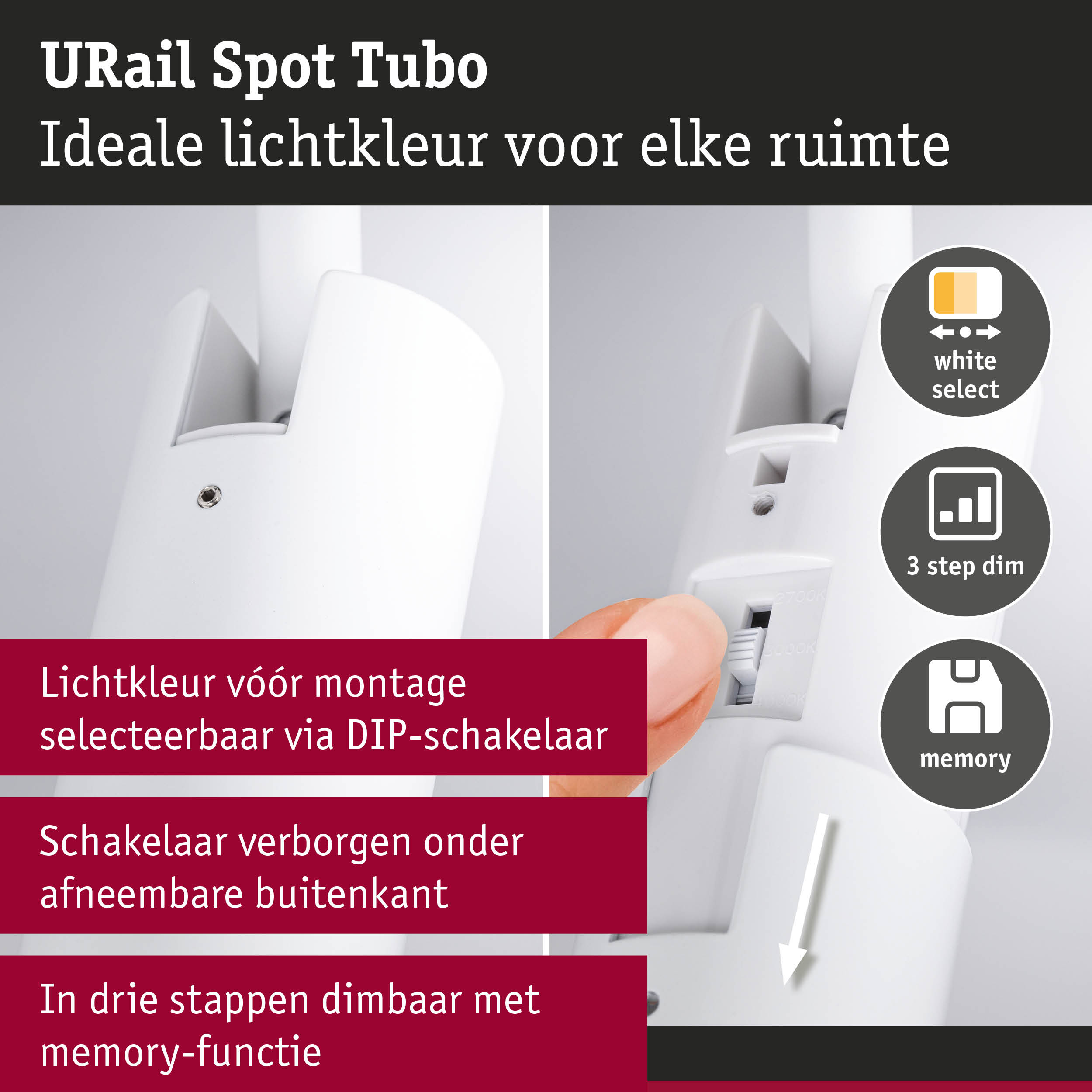 Witte URail Spot Tubo spot met DIP-schakelaar voor lichtkleurselectie en 3-staps dimmer met geheugenfunctie