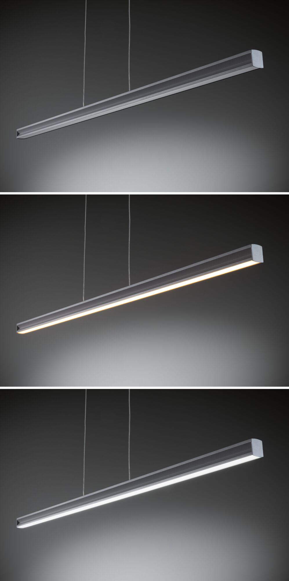 Modern grey aluminium pendant light with warm and cool LED light for office and living spaces