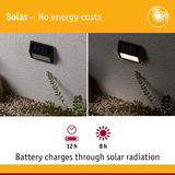 Black solar-powered outdoor wall light with battery, charges 8 hours by sunlight, provides 12 hours lighting