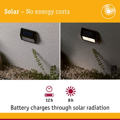 Black solar-powered outdoor wall light with battery, charges 8 hours by sunlight, provides 12 hours lighting