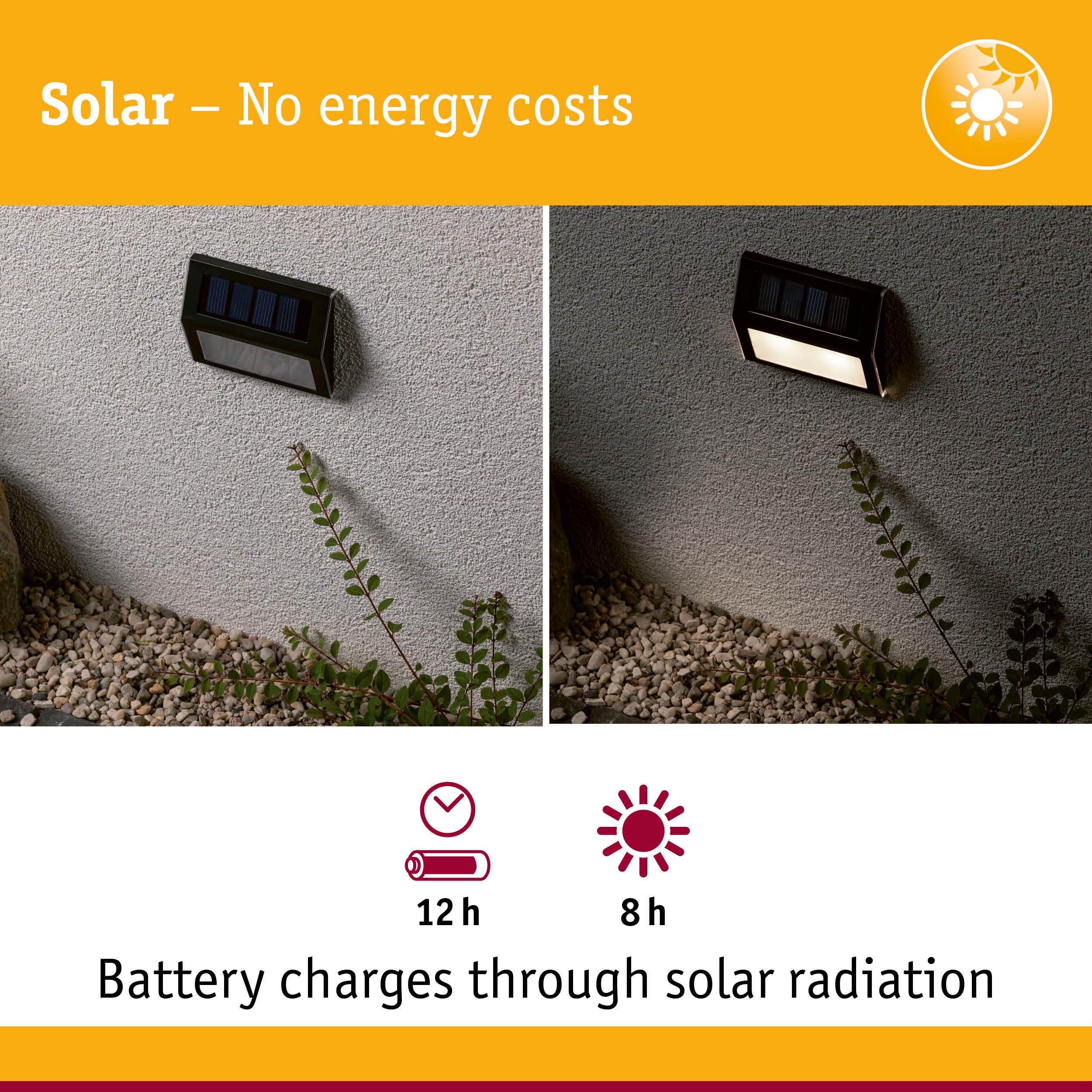 Black solar-powered outdoor wall light with battery, charges 8 hours by sunlight, provides 12 hours lighting