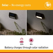 Black solar wall light on grey wall shown in day and night, energy-saving outdoor lighting with solar power