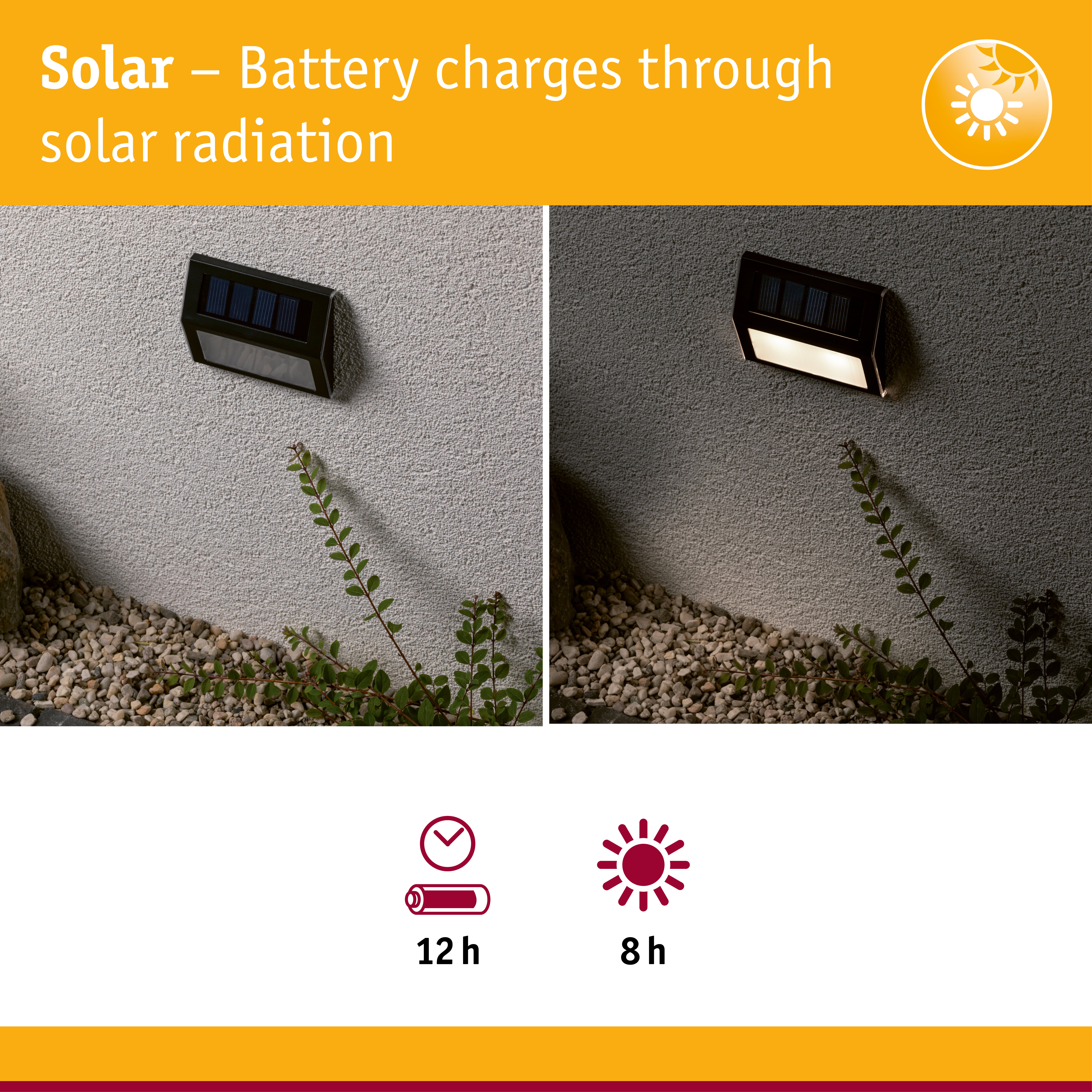 Black solar wall light on grey wall shown in day and night, energy-saving outdoor lighting with solar power