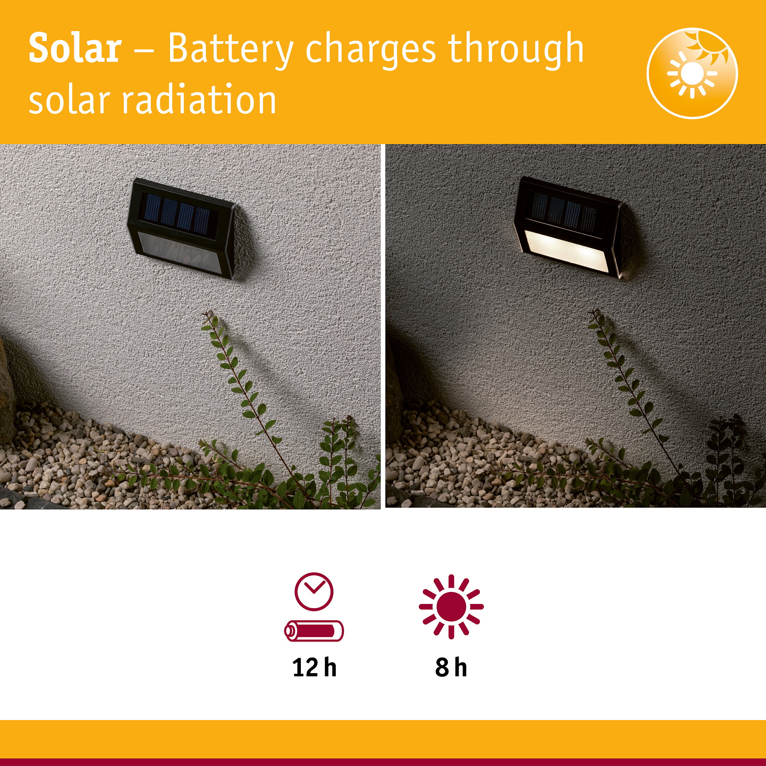 Black solar wall light on grey wall shown in day and night, energy-saving outdoor lighting with solar power
