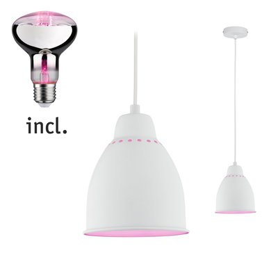 Witte metalen hanglamp met roze LED-licht en bijpassende meegeleverde lamp
