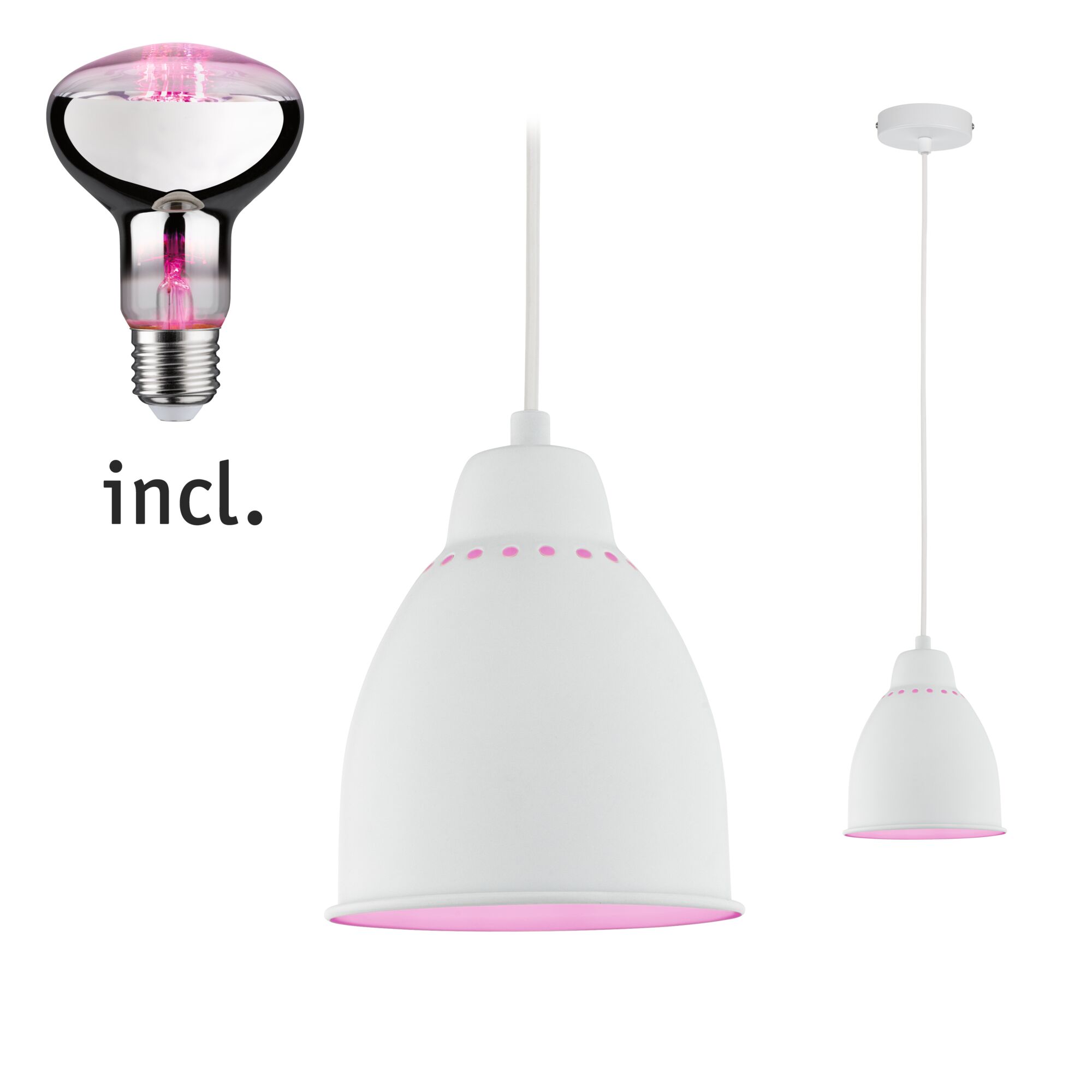 Neordic Set Hanglamp Hilla + LED-reflector E27 Wit dimbaar Metaal / 230V 200lm 6,5W 1300K Witte metalen hanglamp met roze LED-licht en bijpassende meegeleverde lamp