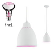 White metal pendant lamp with pink LED light and included matching bulb for interior lighting
