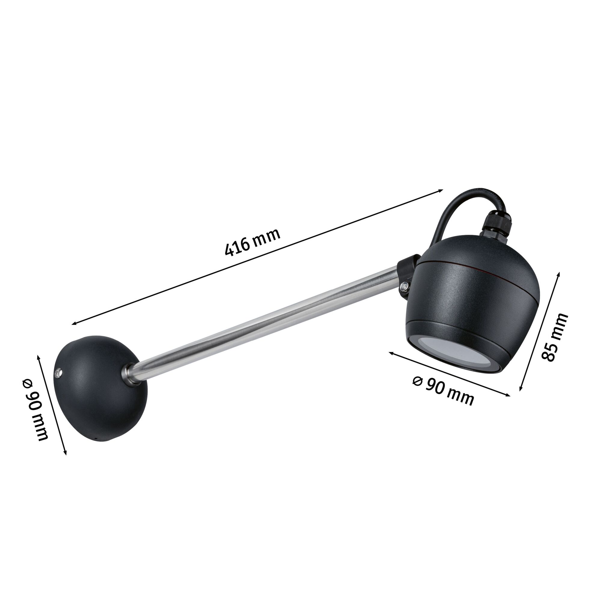 Schwarze LED-Wandleuchte mit Edelstahlarm, Maße 416 mm Länge, 90 mm Durchmesser, moderne Innenbeleuchtung
