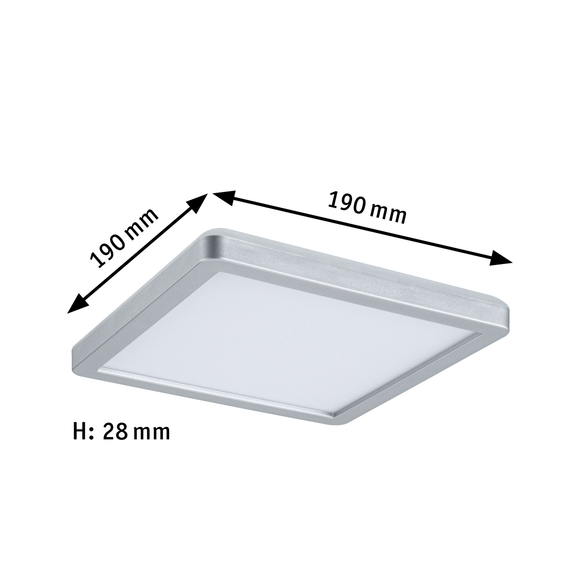 Quadratische LED-Deckenleuchte aus silbernem Aluminium mit 190 mm Kantenlänge und 28 mm Höhe