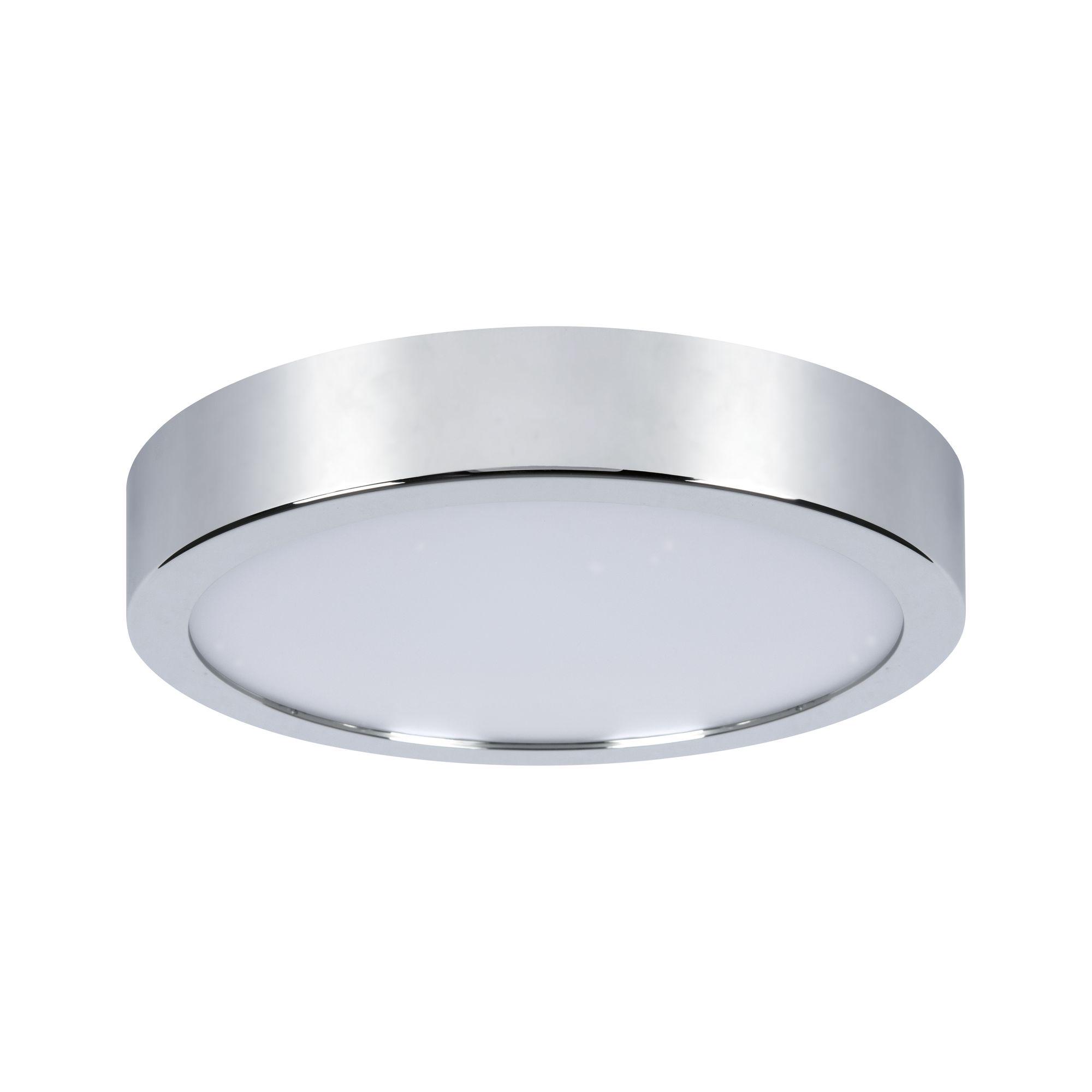 Round chrome ceiling light with white diffuser, modern LED fixture for living spaces