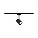 Black metal LED spotlight on track system, dimmable for modern indoor lighting