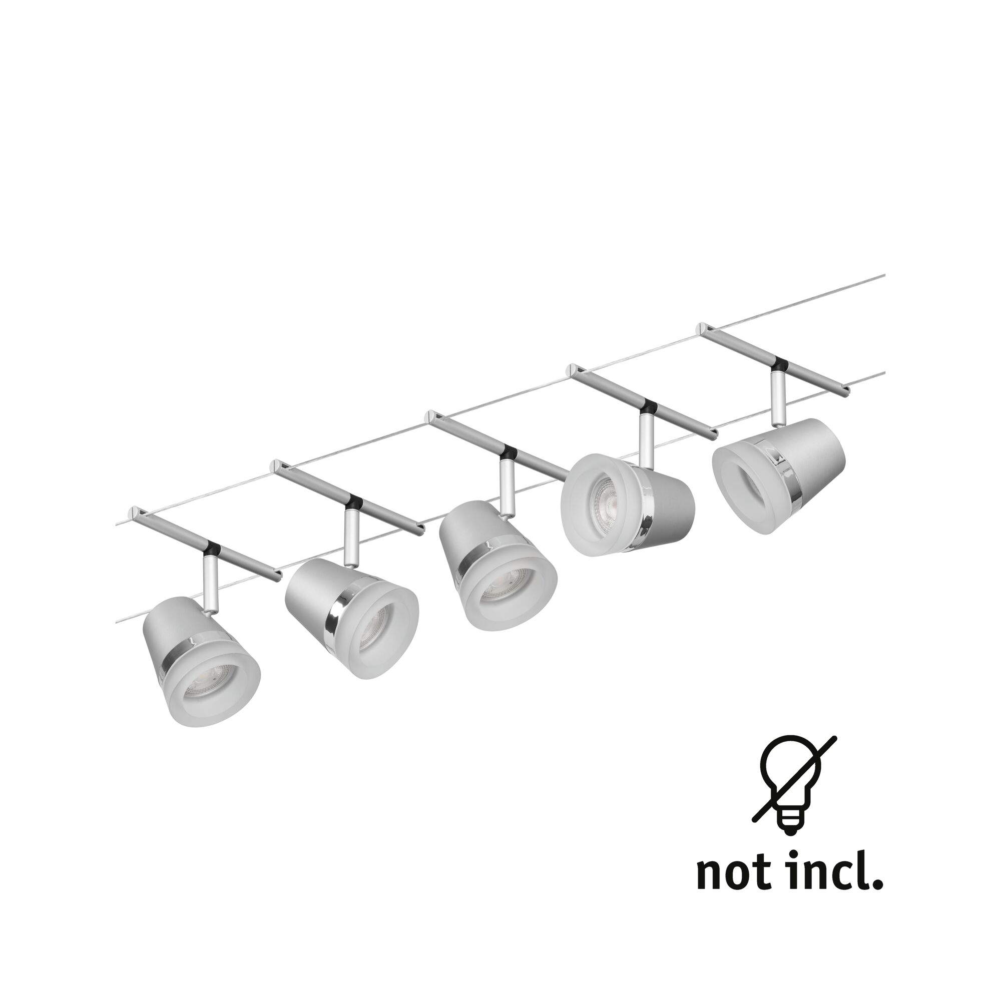 Modern white LED cable spotlights with adjustable heads and chrome ring for versatile lighting